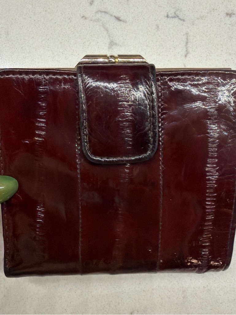 Vintage Eel Skin Leather Bifold Wallet  Deep Burgundy